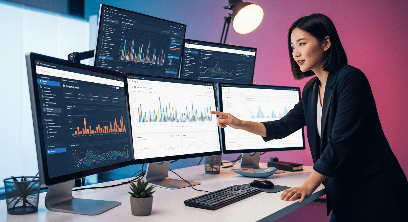 A visually engaging scene depicting a modern digital marketing workspace with multiple computer screens showcasing various analytics dashboards and graphs, reflecting the concept of alternative tools to Google Analytics in a professional setting. No texts on scene. Keywords: photorealistic style, high resolution, 4k details, HDR, cinematic lighting, professional photography, studio lighting, vibrant colors.