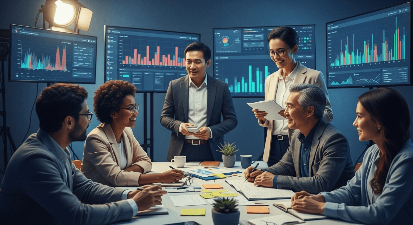 A vibrant digital workspace filled with diverse professionals brainstorming and collaborating on strategies to enhance Facebook engagement, with graphs and analytics displayed on screens in the background. No texts on scene. Keywords: photorealistic style, high resolution, 4k details, HDR, cinematic lighting, professional photography, studio lighting, vibrant colors.