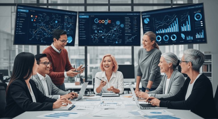 A vibrant and modern office scene featuring a diverse team brainstorming strategies while analyzing data on digital screens depicting Google algorithms, surrounded by charts and graphs that illustrate business growth. no texts on scene. Keywords: photorealistic style, high resolution, 4k details, HDR, cinematic lighting, professional photography, studio lighting, vibrant colors.