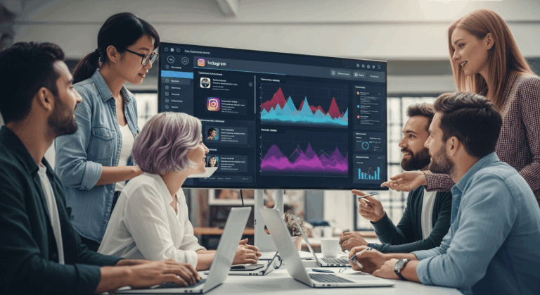 A dynamic scene showcasing a diverse group of professionals collaborating around a digital screen displaying Instagram analytics and marketing strategies, with vibrant visuals of social media posts and engagement metrics in the background. No texts on scene. Keywords: photorealistic style, high resolution, 4k details, HDR, cinematic lighting, professional photography, studio lighting, vibrant colors.