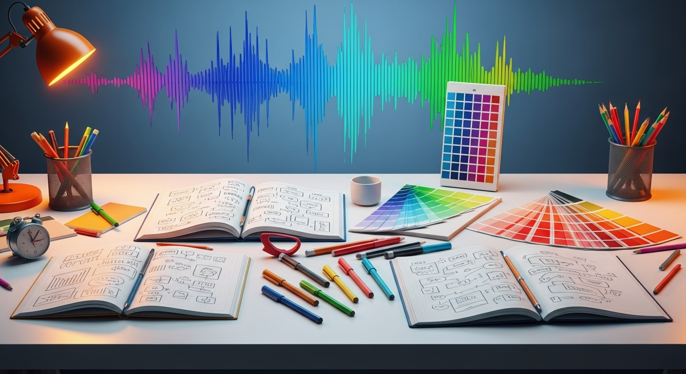 An elegant workspace filled with brainstorming materials, such as notebooks and pens, highlighting the importance of setting the right tone in writing through visual metaphors like sound waves and color palettes. No texts on scene. Photorealistic style, high resolution, 4k details, HDR, cinematic lighting, professional photography, studio lighting, vibrant colors.