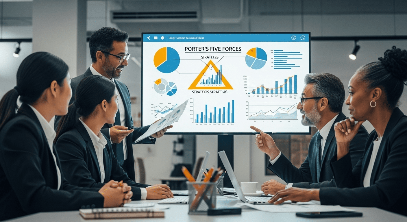 A visual scene depicting a dynamic business meeting where a diverse team is collaboratively brainstorming and analyzing strategies on a large digital screen representing Porter's Five Forces model, with vibrant charts and graphs in a modern office environment. No texts on scene. Keywords: photorealistic style, high resolution, 4k details, HDR, cinematic lighting, professional photography, studio lighting, vibrant colors.