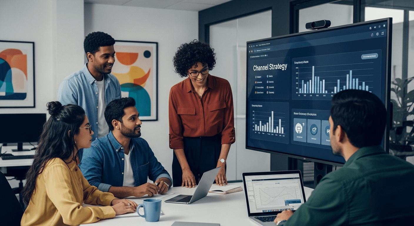 A dynamic office space where a diverse group of professionals collaborates around a large digital screen displaying channel strategy analytics and insights, surrounded by modern tech tools and creative elements. no texts on scene. photorealistic style, high resolution, 4k details, HDR, cinematic lighting, professional photography, studio lighting, vibrant colors.