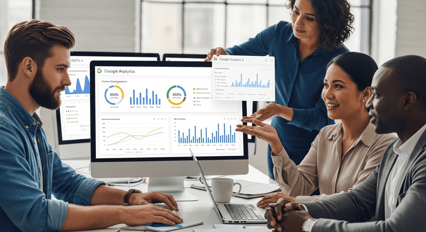 A detailed and modern scene depicting a professional digital workspace with multiple screens displaying Google Analytics 4, alongside infographics and charts that represent custom event configurations, featuring a collaborative atmosphere among diverse professionals. No texts on scene. Keywords: photorealistic style, high resolution, 4k details, HDR, cinematic lighting, professional photography, studio lighting, vibrant colors.