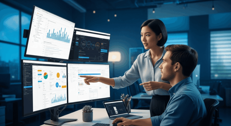 A modern digital workspace showcasing a professional setting where an expert is guiding a user on the process of submitting a sitemap to Google, surrounded by screens displaying analytics and web metrics. no texts on scene. photorealistic style, high resolution, 4k details, HDR, cinematic lighting, professional photography, studio lighting, vibrant colors.
