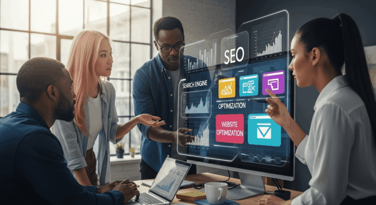 A detailed and visually engaging scene depicting a modern digital workspace, showcasing a diverse team collaborating over a large screen displaying graphs and analytics, with elements representing SEO strategies, such as keywords and website icons, in a bright, inspirational office environment. No texts on scene. Keywords: photorealistic style, high resolution, 4k details, HDR, cinematic lighting, professional photography, studio lighting, vibrant colors.