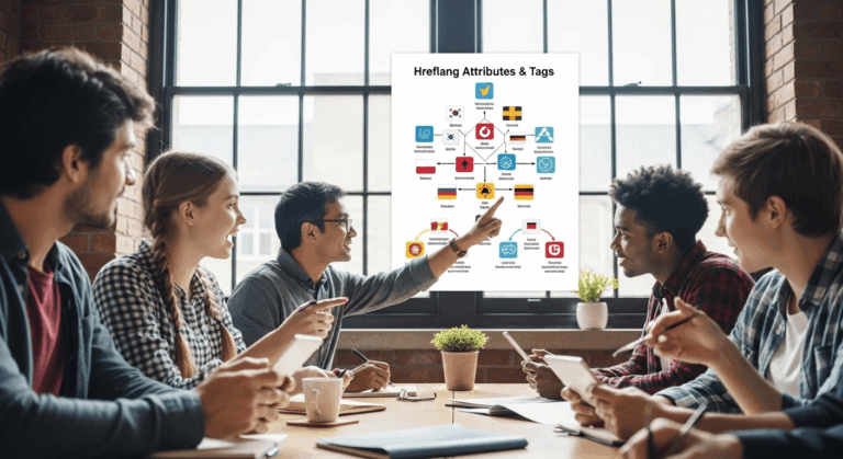 A visually engaging and educational scene depicting a diverse group of learners interacting with digital devices while studying a colorful infographic on Hreflang attributes and tags, with elements representing various languages and cultures. no texts on scene. Keywords: photorealistic style, high resolution, 4k details, HDR, cinematic lighting, professional photography, studio lighting, vibrant colors.