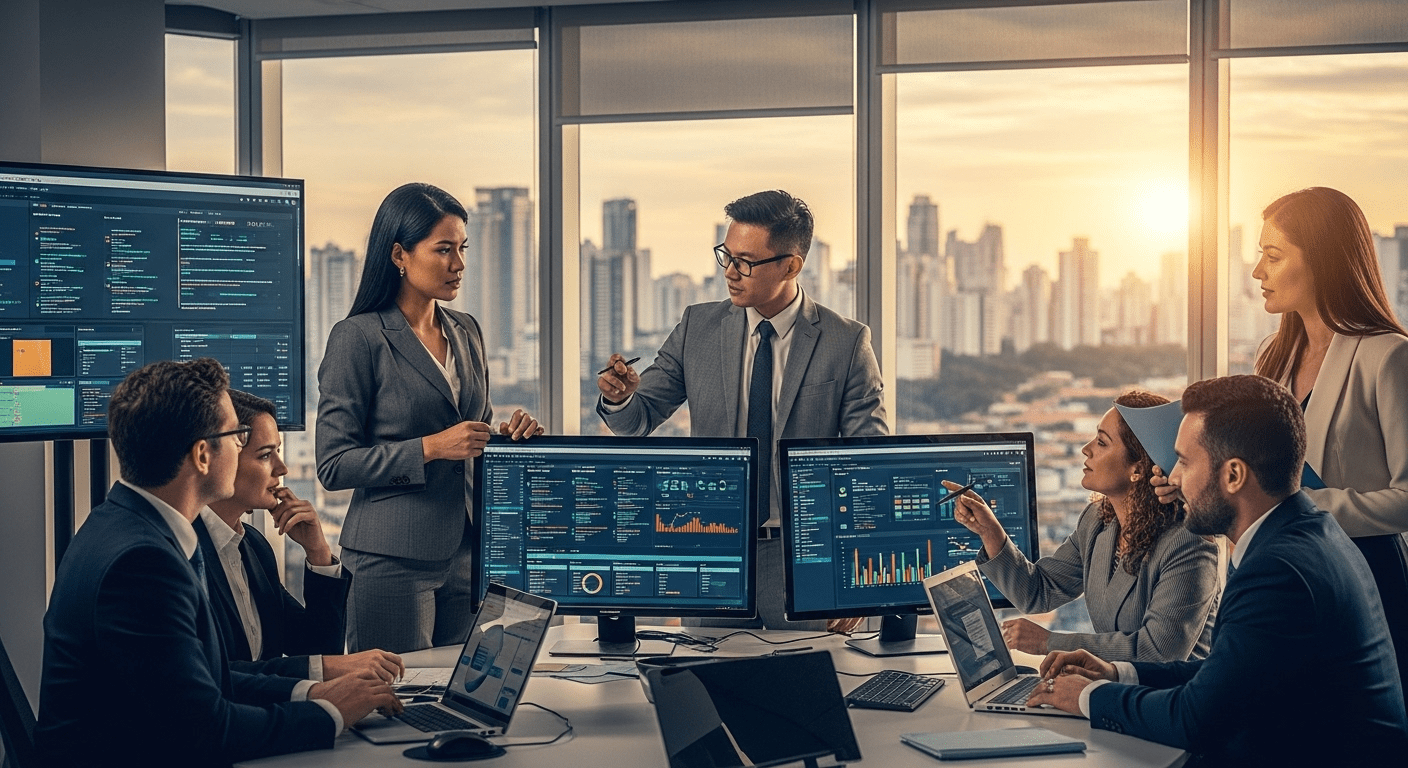 A bustling modern office environment in Belo Horizonte, featuring professionals engaged in a strategic brainstorming session around SEO data analytics on large screens, with a vibrant city skyline visible through the windows. no texts on scene. Keywords: photorealistic style, high resolution, 4k details, HDR, cinematic lighting, professional photography, studio lighting, vibrant colors.