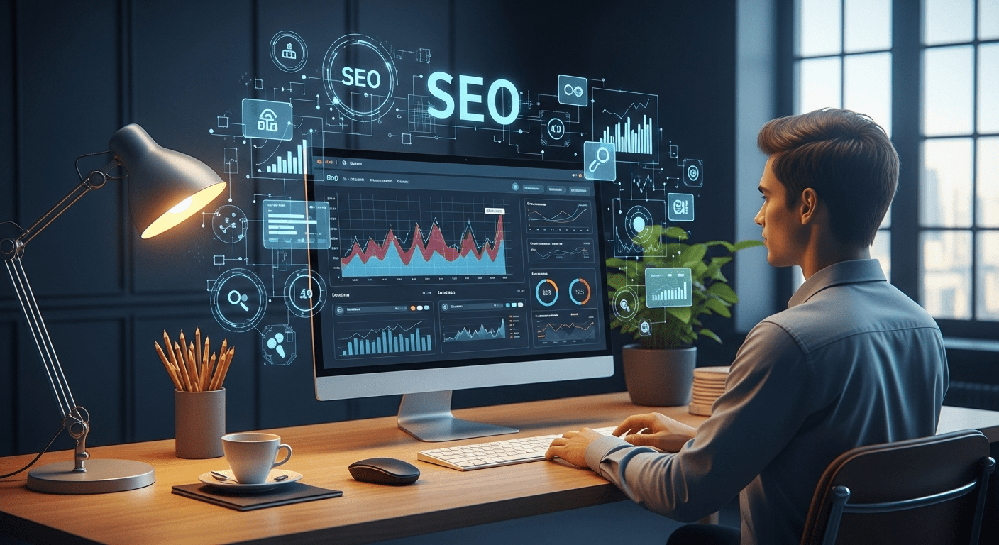 A visually engaging scene illustrating an analytical workspace with a dynamic SEO dashboard featuring graphs and performance metrics, surrounded by digital elements representing Google algorithms and search engine optimization strategies. No texts on scene. Keywords: photorealistic style, high resolution, 4k details, HDR, cinematic lighting, professional photography, studio lighting, vibrant colors.