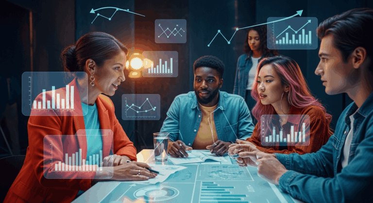 A vibrant and dynamic visual representation of a social media strategy session, featuring diverse individuals brainstorming and analyzing data on screens with engaging graphics and growth charts projected around them. No texts on scene. Keywords: photorealistic style, high resolution, 4k details, HDR, cinematic lighting, professional photography, studio lighting, vibrant colors.