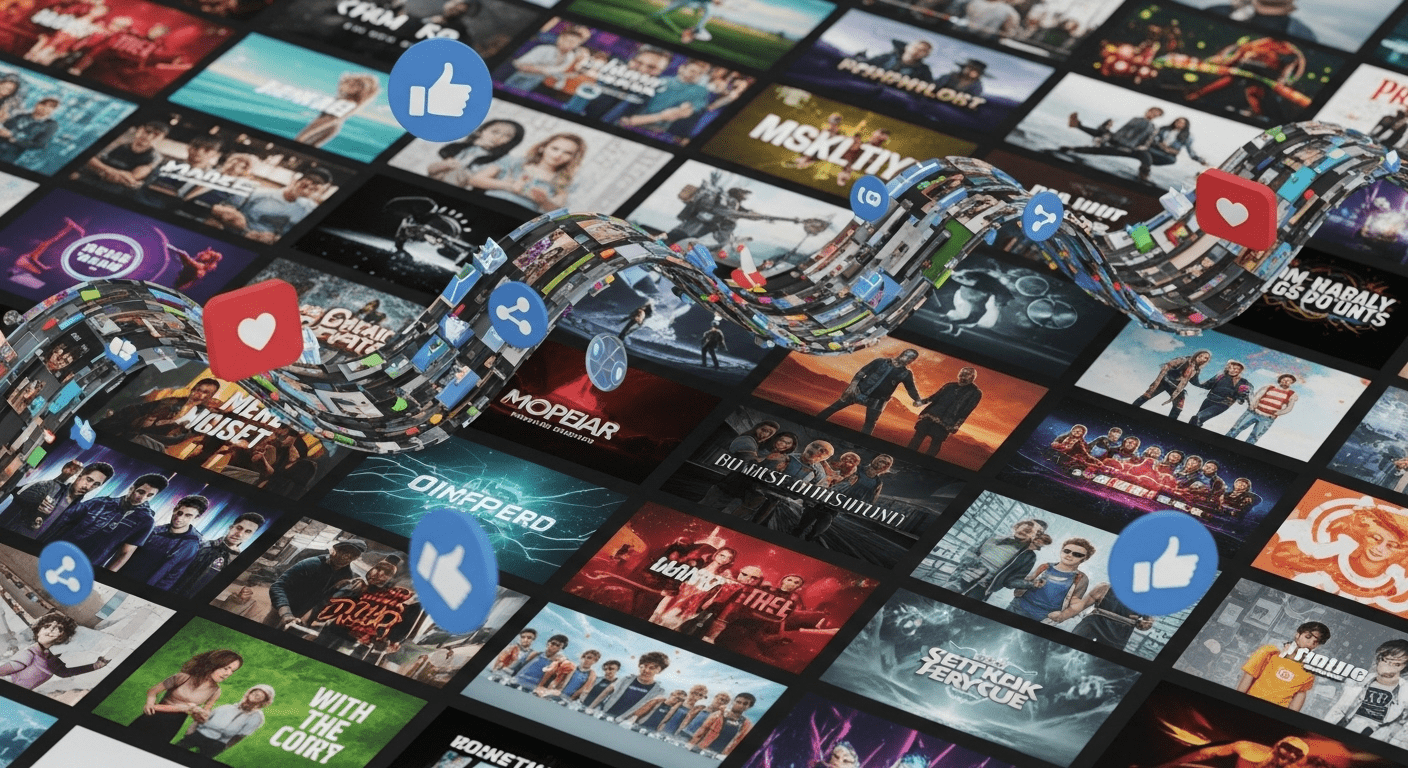 A visually dynamic and engaging collage showcasing the latest YouTube trends, featuring vibrant thumbnails, popular video elements, and symbols of viewer engagement like likes and shares, all intertwined in a rhythmic flow. No texts on scene. Keywords: photorealistic style, high resolution, 4k details, HDR, cinematic lighting, professional photography, studio lighting, vibrant colors.